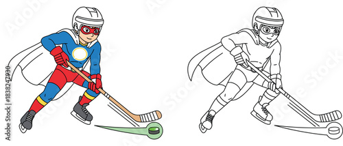 Cartoon superhero boy playing ice hockey Vector illustration with black and white outline version for coloring book page.