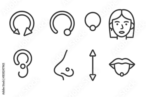 Collection of body piercing icons featuring various jewelry and facial anatomy