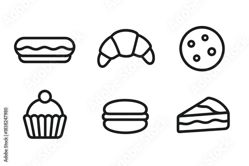 Six simple black line icons of various baked goods and desserts