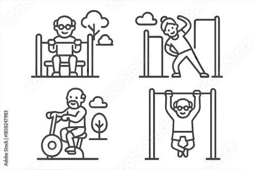 Senior fitness activities icons set for outdoor exercise and active aging