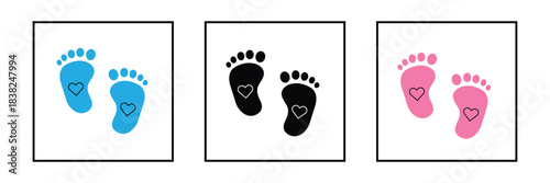 New born, pregnant or coming soon footprints shoes and shoe sole. Kids or baby feet and foot steps Fun vector footsteps icon for print. Love heart blue boy or pink girl sign. Eps 10
