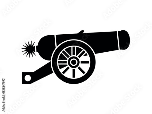 A silhouette of a historical cannon with a starburst emanating from its barrel against a white background.