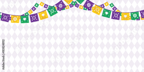 Mardi Gras banner with Mardi Gras Seamless Pattern. Vector illustration with retro light bulbs font, streamers, confetti and hanging garlands