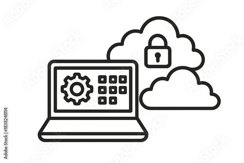 Laptop with settings gear and cloud security lock icon concept