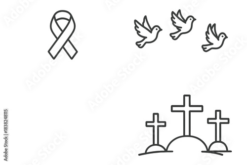 Condolence and remembrance icons set featuring ribbon, doves, and crosses