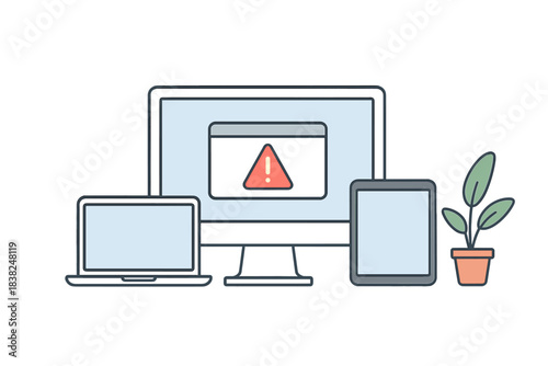 Multiple electronic devices showing system error warning notification on screen