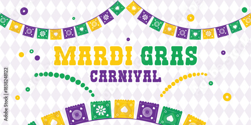 Mardi Gras banner with typography design. Vector illustration with retro light bulbs font, streamers, confetti and hanging garlands. Mardi Gras Seamless Pattern in background