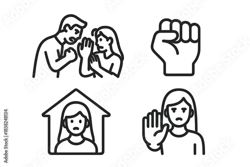 Domestic violence conflict icons showing abuse and stop gesture