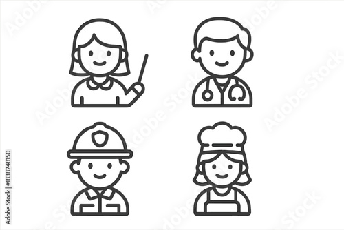 Four simple line icons depicting various professional roles and services
