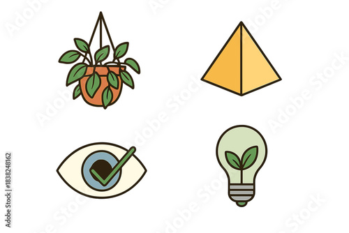 Four abstract icons symbolizing nature, vision, idea, and structural concept