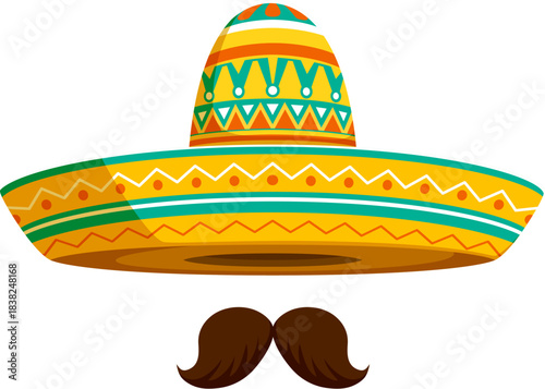 Cartoon mexican mariachi sombrero hats with mustaches. Amigo men vector sombrero, mariachi musician outfit. Cinco de Mayo holiday wide hat with yellow, turquoise and white geometric ethnic ornaments