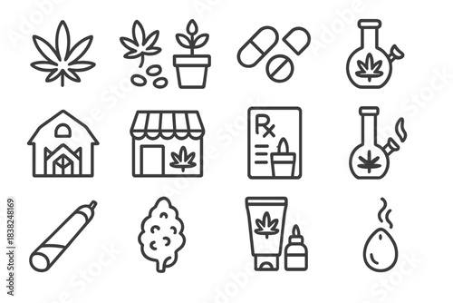 Line icons set for cannabis cultivation, retail, and consumption methods