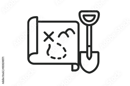 Outline icon of rolled treasure map and garden shovel