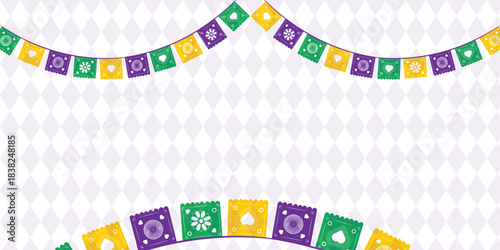 Mardi Gras banner with Mardi Gras Seamless Pattern. Vector illustration with retro light bulbs font, streamers, confetti and hanging garlands