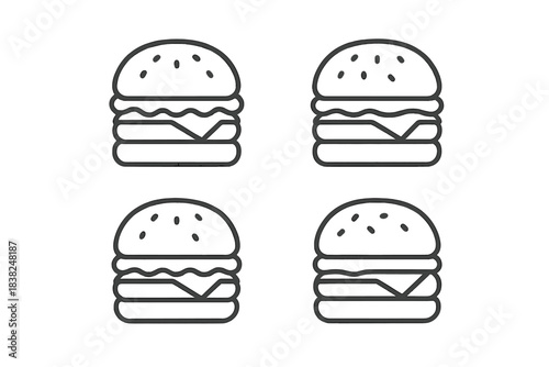 Four simple outline icons of hamburgers with sesame seeds