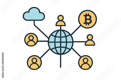 Digital global network connecting users with cloud and cryptocurrency symbols