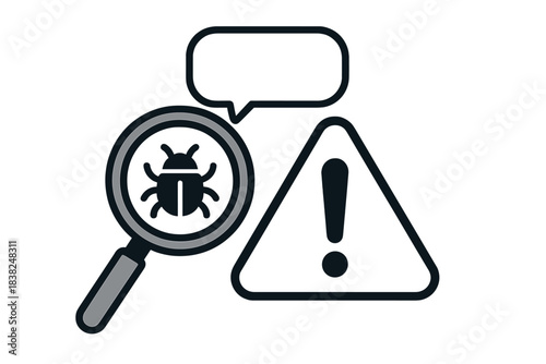 Magnifying glass over software bug symbol with warning sign and speech bubble