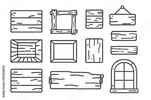Rustic wooden planks frames and signs outline icons collection
