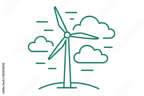 Minimalist wind turbine generating clean renewable energy with stylized clouds