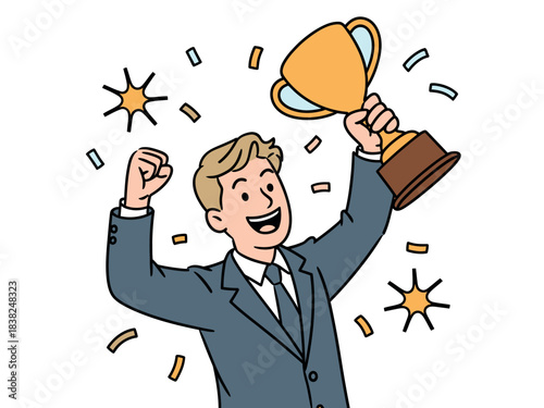 A jubilant businessman in a suit triumphantly raises a golden trophy amidst falling confetti and celebratory starbursts, signifying a significant achievement.