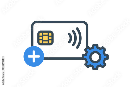 Credit card setup and configuration icon with settings and add symbols