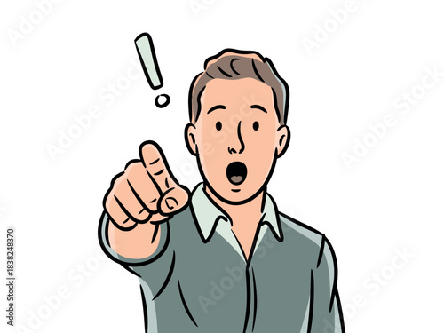 A surprised man points directly forward with an exclamation mark above his head.