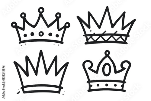 Four hand drawn doodle style royal crown icons set
