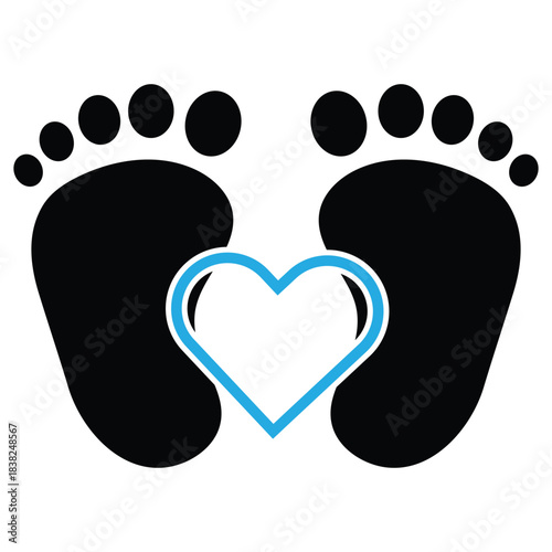New born, pregnant or coming soon footprints shoes and shoe sole. Kids or baby feet and foot steps Fun vector footsteps icon for print. Love heart blue boy or pink girl sign. Eps 10