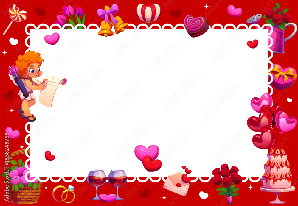 Obraz premium Valentine day greeting card frame with hearts, cupids and balloons for love holiday, vector poster. Valentine day greeting card with frame of cupid angel, heart candy and wedding cake with flowers