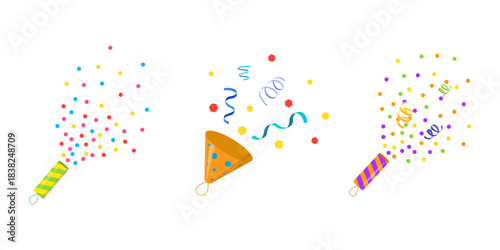 Festive firecracker and party popper set. Exploding Confetti, streamers, sparks and colorful celebration elements. Trendy modern vector illustration isolated on white background, hand drawn