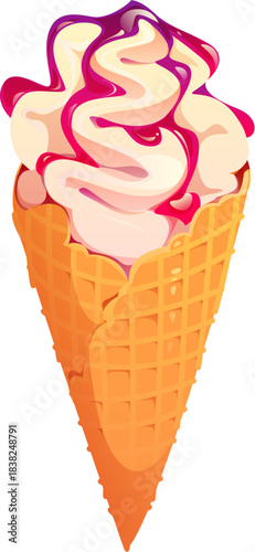 cartoon ice cream wafer cone of fast food sweet dessert or gelato, vector icon. Italian gelateria soft ice cream with fruit or berry syrup in wafer cone for frozen dessert takeaway menu