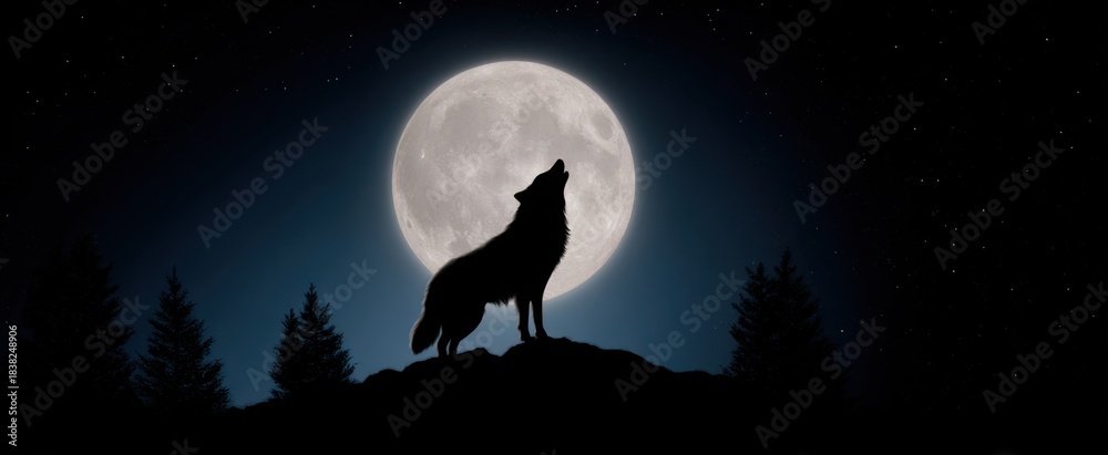 Naklejka premium A lonely wolf howling beneath the haunting glow of a full moon.