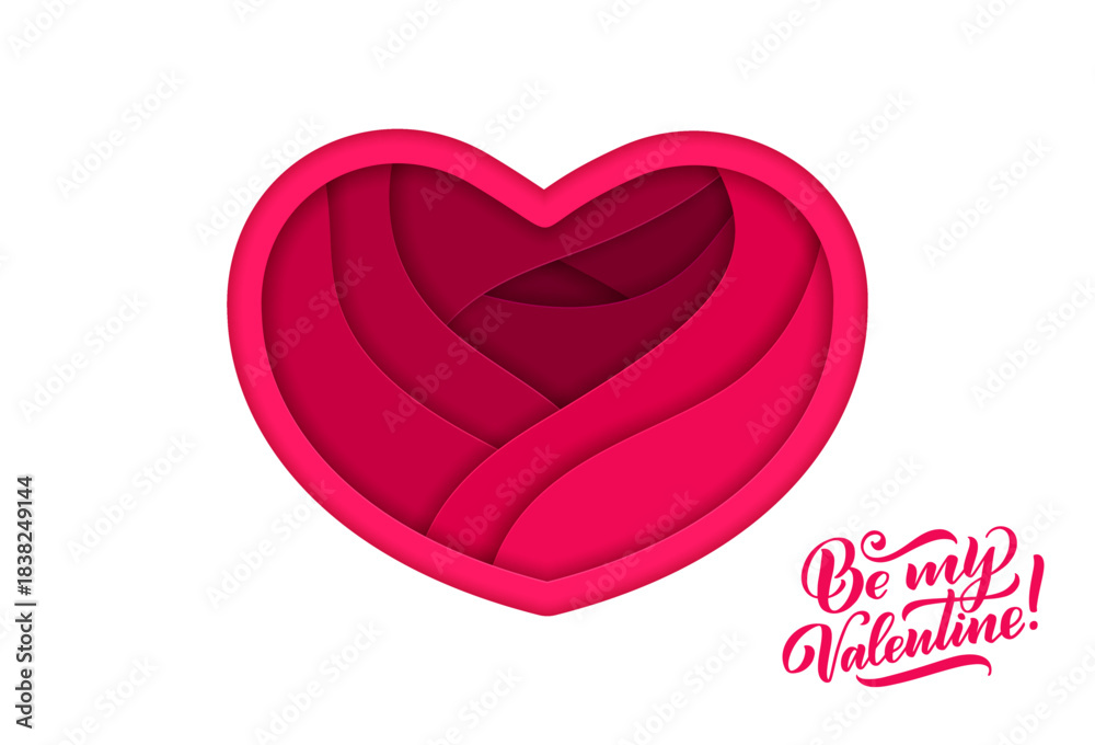 Obraz premium Paper cut Valentine day heart with quote for love holiday, vector greeting card. Valentine day banner with paper cut heart frame with Be My Valentine quote for love greeting, wedding or marriage