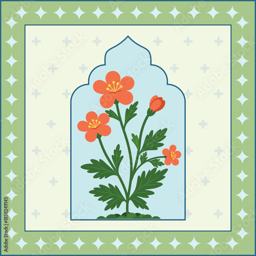 mughal Traditional Floral Motif with Ornamental Flowers. Traditional indian flower motif illustrations.