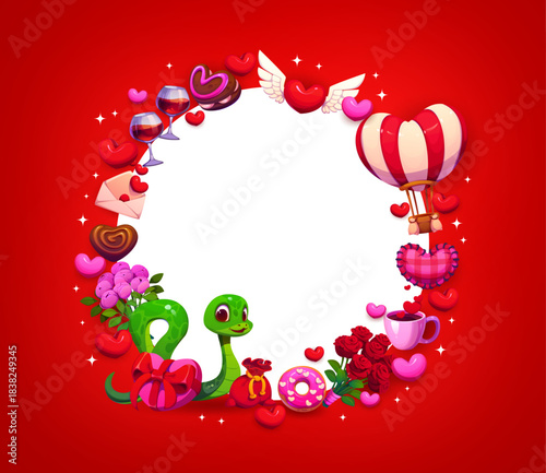 Happy Valentine day round frame banner with snake, hearts and flowers, cartoon vector. Valentine day holiday frame of heart balloons and cakes with coffee, rose flowers and snake with wine and donut
