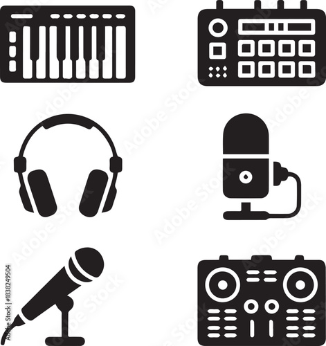 Musical Instruments and Studio Recording Gear Silhouette Icon Set - Vector Collection of Percussion, Brass, and DJ Equipment