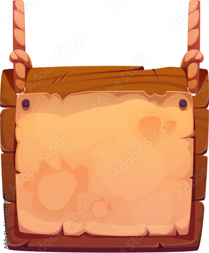 Pirate signboard frame and heraldry icon for Caribbean corsair adventure, cartoon vector. Pirate tavern signboard on old wooden plank with parchment paper hanging on ropes for medieval bar pub