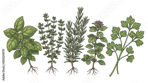 Aromatic Herb Variety: An assortment of fresh culinary herbs, including basil, thyme, rosemary, oregano, and parsley, is meticulously depicted.