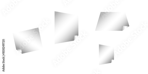 Square white sticky note paper pack, cut out. Empty oblong sticky label mockup with curl. Clear adherent tag template for glass door or wall.
