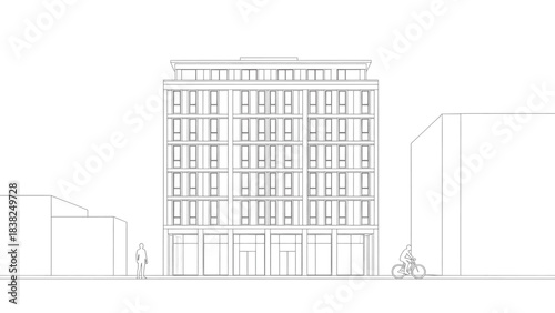 Architectural line drawing of a modern, multi-story commercial building facade with repetitive windows and ground floor retail.
