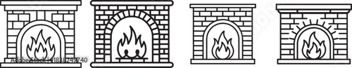 Set of Fireplace Line Art – Cozy Home Interior Coloring Book Page Vector Illustration