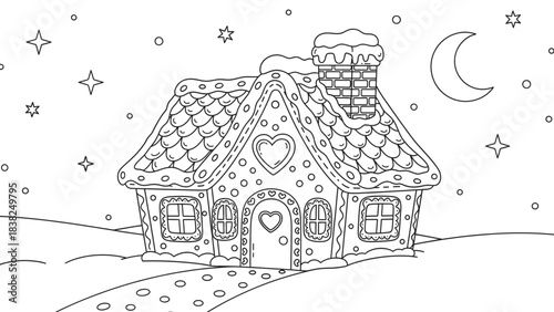 Christmas gingerbread house on a snowy night with stars and moon, line art for coloring