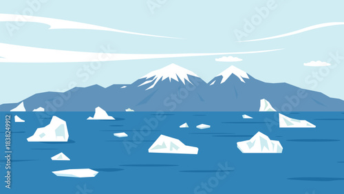 Arctic Ocean Icebergs & Snowy Mountains Vector. 