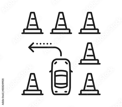 Driving school icon of vehicle drive training and education practice, vector pictogram. Driving school line icon of traffic cones for car driver test examination in road turn or parking practice