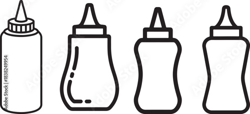 Set of Mustard Squeeze Bottle Line Art – Condiment Coloring Book Page Vector Illustration