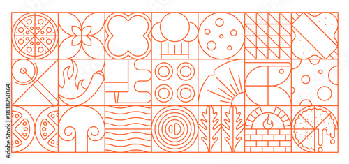 Abstract geometric pizza pattern of line shapes and figures, vector background. Pizza pattern with ingredients in geometric shapes of cheese, sausage and mushrooms in trendy mosaic for pizzeria design