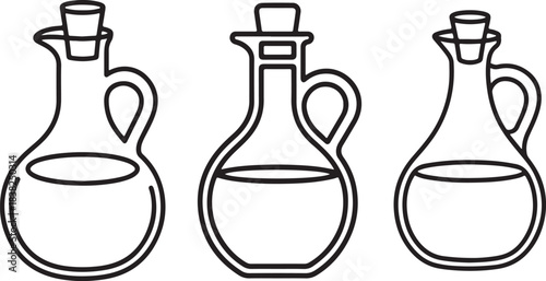 Set of Olive Oil Bottle Line Art – Black and White Coloring Book Page Vector Illustration