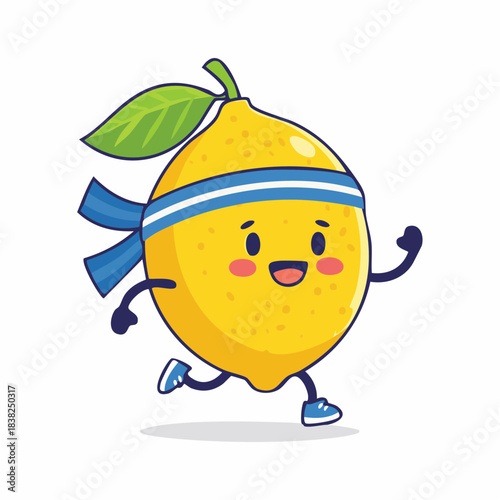 Cute smiling lemon character wearing a headband and running shoes, designed in flat 2D vector art with bold outlines
