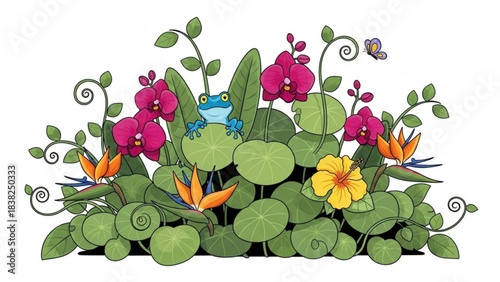 Tropical Garden Paradise: A vibrant garden scene features a cheerful frog, orchids, birds of paradise, a hibiscus, and a butterfly, creating a harmonious and colorful display of nature's beauty.