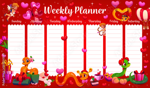 Weekly planner schedule with valentine hearts, lovely snakes and gifts. Love holiday vector agenda, romantic week planner. Saint Valentine celebration timetable with snakes, cupids, hearts and gifts